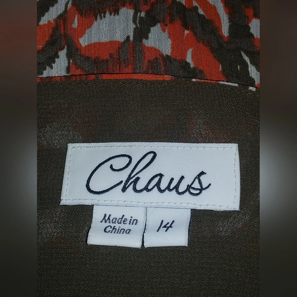 Chaus Women's Brown, White, and Pink Tiger Lily Pattern Midi Faux Wrap Dress.